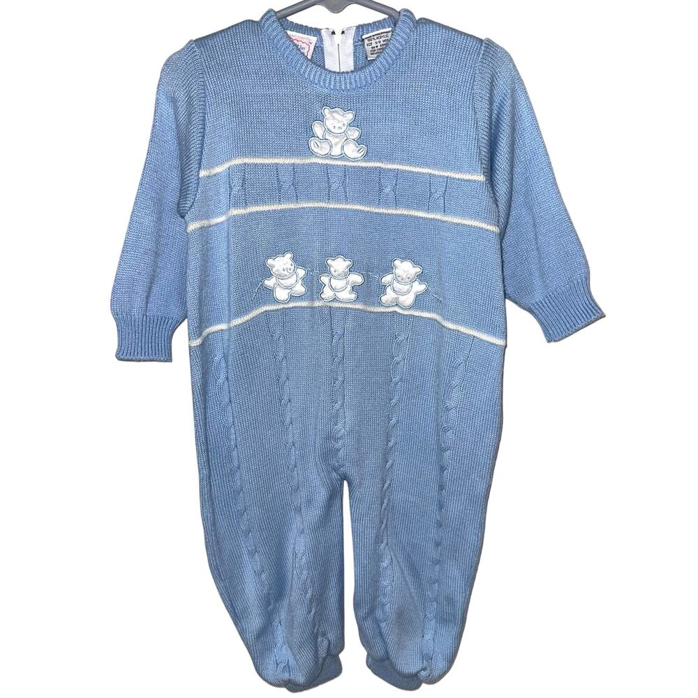 Vintage Little Lambs Light Blue Teddy Bear Cable Knit One Piece Romper Size 6/9M
